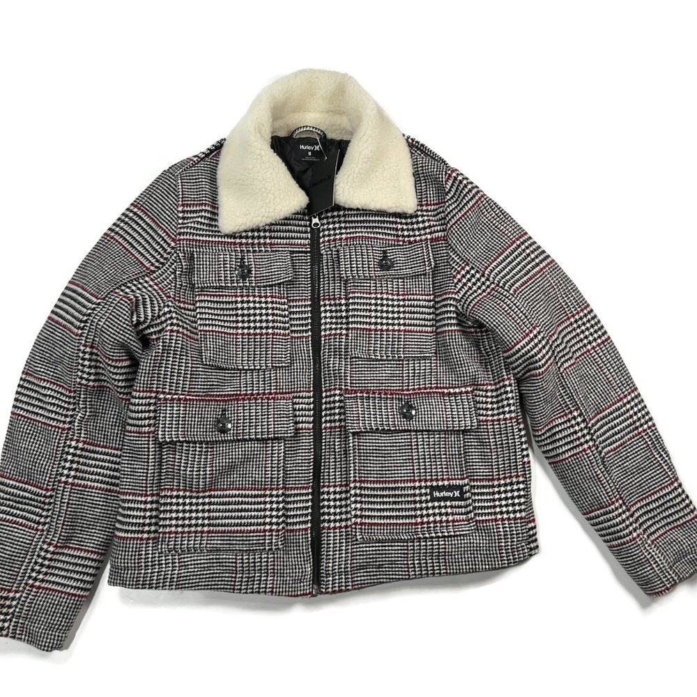 Hurley Houndstooth Winter Coat Jacket Womens Medium Plaid Sherpa‎ Collar Trucker